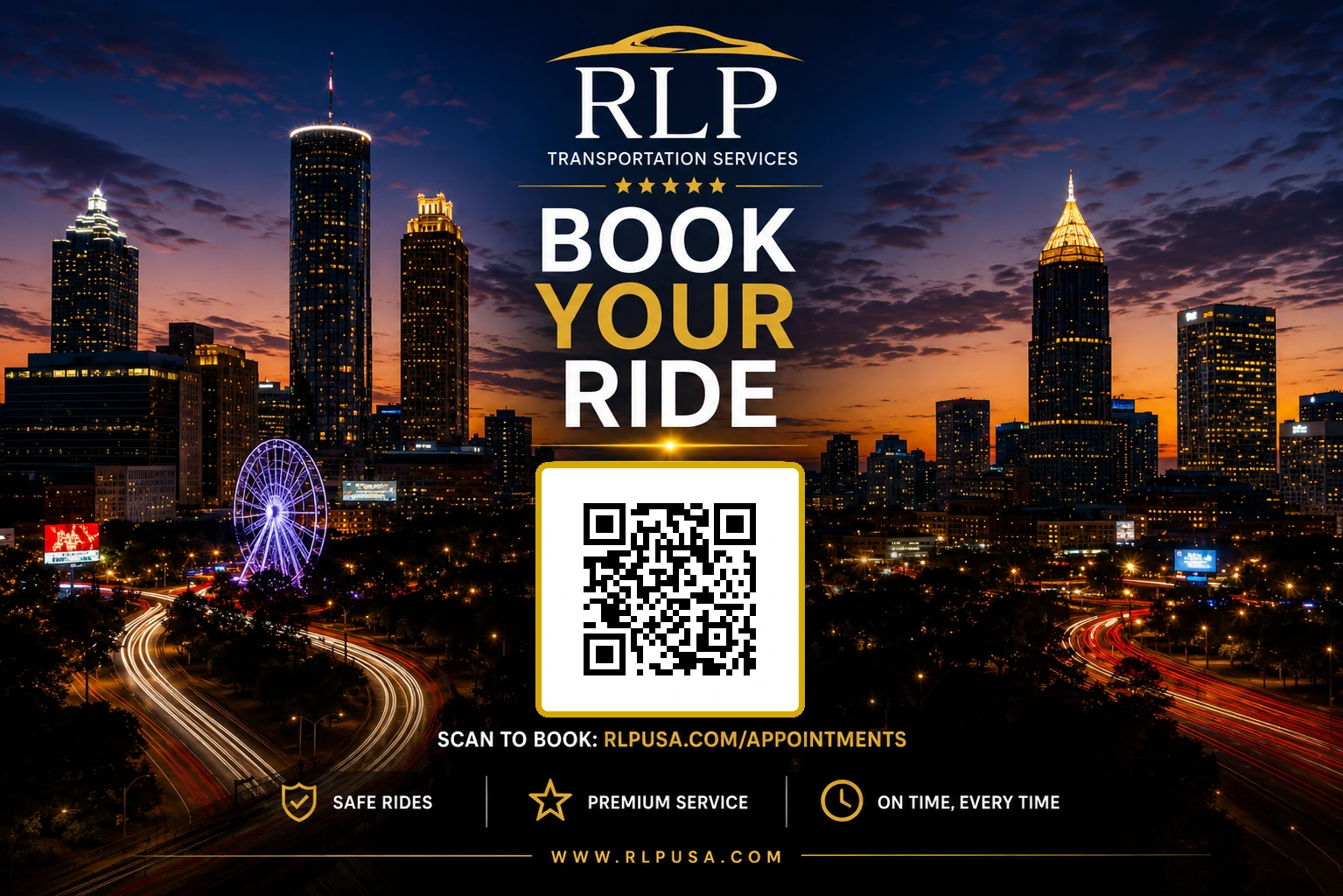 Atlanta skyline with RLP booking QR code