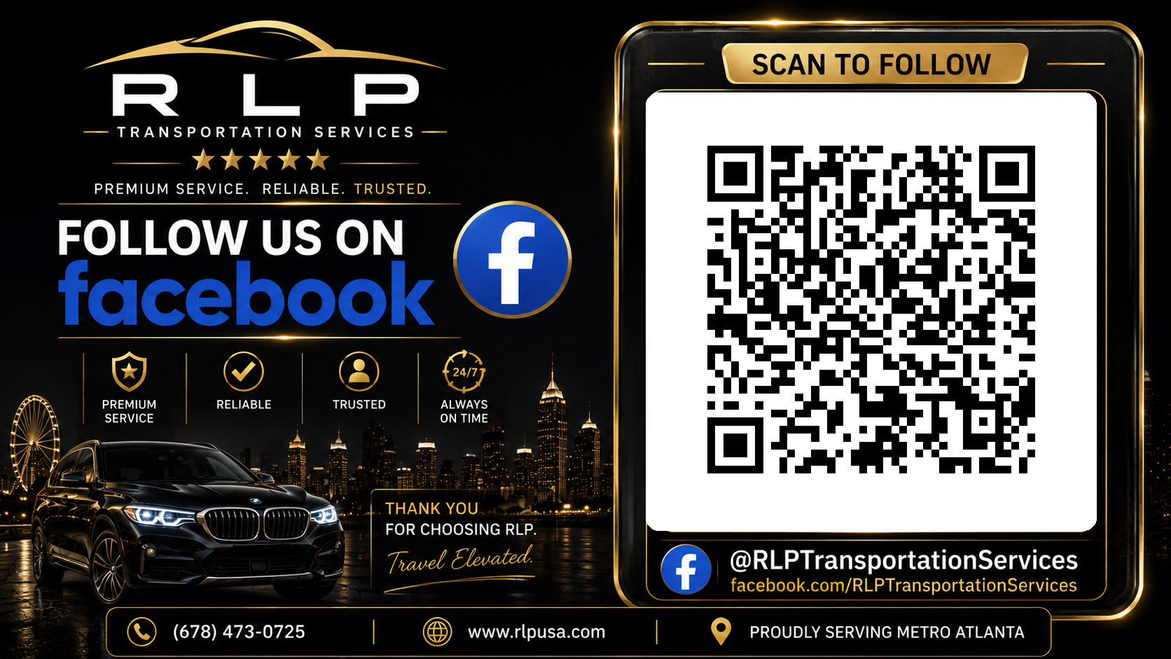 Follow RLP Transportation Services on Facebook using the QR code